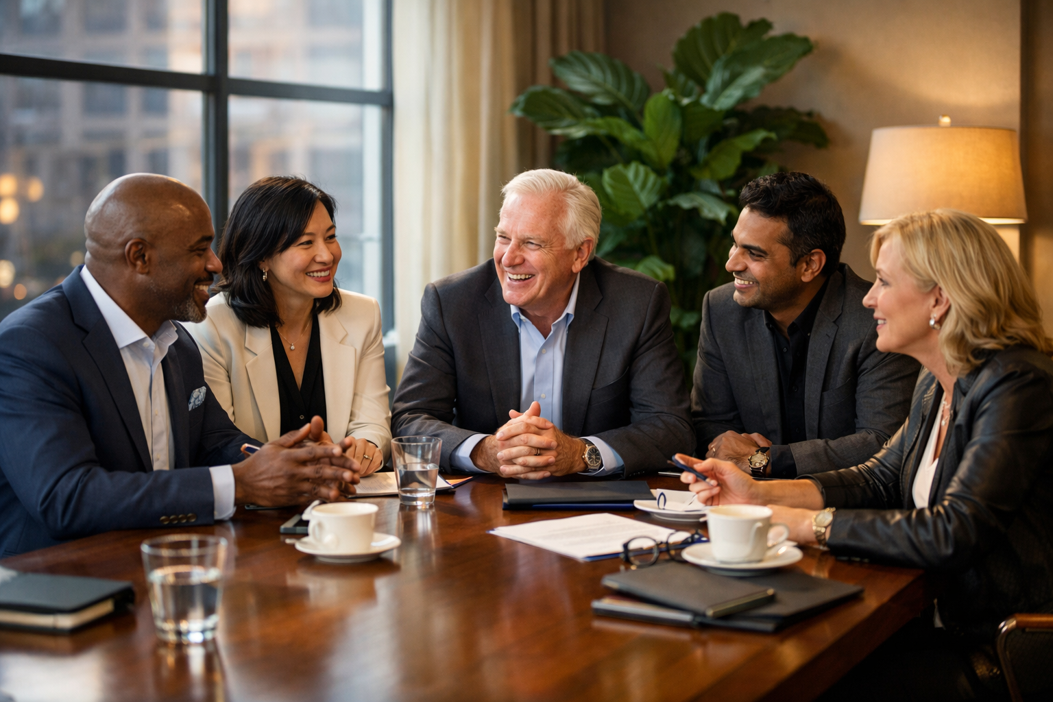 Diverse CEOs in Serene Office Discussion